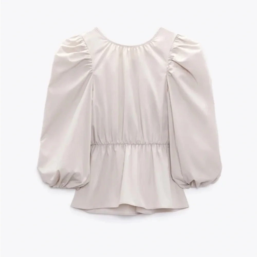 ZARA TOP WITH PUFF SLEEVES Grey / Beige | 3136/545 Size XS